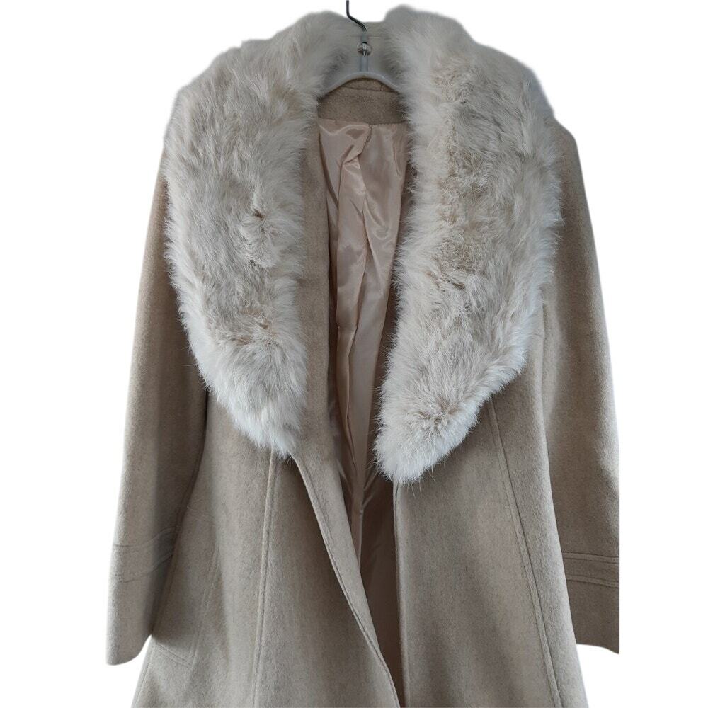 Vintage Tan Wool Long Coat Faux Fur Collar Trench Union Made Size Large